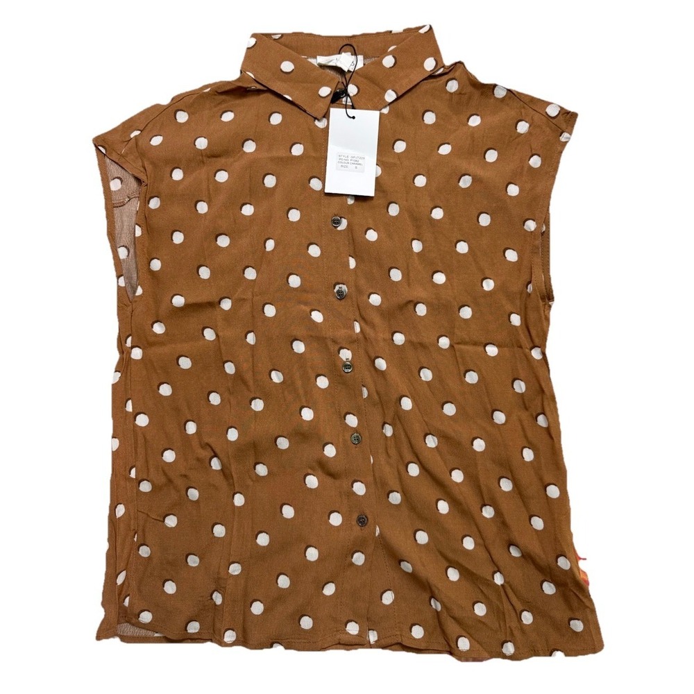 NWT Tulip‎ B Caramel & White Polka Dot  Sleeveless Blouse Women's Small